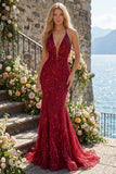 Sparkly Burgundy Halter Backless Mermaid Long Beaded Formal Dress with Fringes