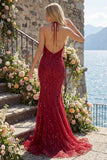 Sparkly Burgundy Halter Backless Mermaid Long Beaded Formal Dress with Fringes
