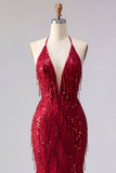 Sparkly Burgundy Halter Backless Mermaid Long Beaded Formal Dress with Fringes