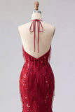 Sparkly Burgundy Halter Backless Mermaid Long Beaded Formal Dress with Fringes
