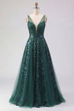 Sparkly Dark Green V-Neck Tulle A Line Long Sequin Formal Dress