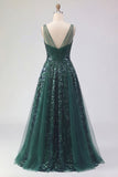 Sparkly Dark Green V-Neck Tulle A Line Long Sequin Formal Dress