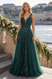 Sparkly Dark Green V-Neck Tulle A Line Long Sequin Formal Dress