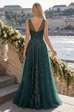 Sparkly Dark Green V-Neck Tulle A Line Long Sequin Formal Dress