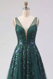 Sparkly Dark Green V-Neck Tulle A Line Long Sequin Formal Dress