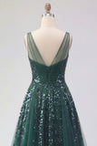 Sparkly Dark Green V-Neck Tulle A Line Long Sequin Formal Dress