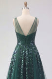 Sparkly Dark Green V-Neck Tulle A Line Long Sequin Formal Dress