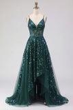 Sparkly Dark Green Corset Tulle High Low Sequin Formal Dress