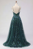Sparkly Dark Green Corset Tulle High Low Sequin Formal Dress