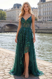 Sparkly Dark Green Corset Tulle High Low Sequin Formal Dress