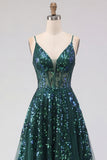Sparkly Dark Green Corset Tulle High Low Sequin Formal Dress