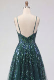 Sparkly Dark Green Corset Tulle High Low Sequin Formal Dress