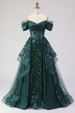 Sparkly Dark Green Sequin A-Line Off the Shoulder Corset Ruched Long Formal Dress