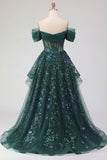 Sparkly Dark Green Sequin A-Line Off the Shoulder Corset Ruched Long Formal Dress