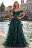 Sparkly Dark Green Sequin A-Line Off the Shoulder Corset Ruched Long Formal Dress