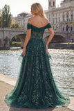 Sparkly Dark Green Sequin A-Line Off the Shoulder Corset Ruched Long Formal Dress