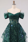 Sparkly Dark Green Sequin A-Line Off the Shoulder Corset Ruched Long Formal Dress