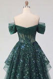 Sparkly Dark Green Sequin A-Line Off the Shoulder Corset Ruched Long Formal Dress