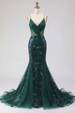 Sparkly Dark Green Mermaid Spaghetti Strap Sequin Tulle Long Formal Dress with Appliques