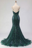Sparkly Dark Green Mermaid Spaghetti Strap Sequin Tulle Long Formal Dress with Appliques