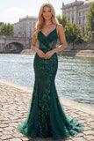 Sparkly Dark Green Mermaid Spaghetti Strap Sequin Tulle Long Formal Dress with Appliques
