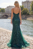 Sparkly Dark Green Mermaid Spaghetti Strap Sequin Tulle Long Formal Dress with Appliques