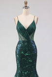 Sparkly Dark Green Mermaid Spaghetti Strap Sequin Tulle Long Formal Dress with Appliques
