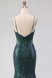 Sparkly Dark Green Mermaid Spaghetti Strap Sequin Tulle Long Formal Dress with Appliques
