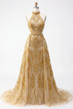 Sparkly Golden Halter A-Line Hollow Long Formal Dress with Beading