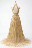 Sparkly Golden Halter A-Line Hollow Long Formal Dress with Beading
