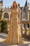 Sparkly Golden Halter A-Line Hollow Long Formal Dress with Beading