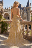 Sparkly Golden Halter A-Line Hollow Long Formal Dress with Beading