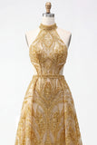 Sparkly Golden Halter A-Line Hollow Long Formal Dress with Beading