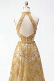 Sparkly Golden Halter A-Line Hollow Long Formal Dress with Beading
