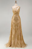 Sparkly Golden Mermaid One Shoulder Beaded Long Formal Dress with Chapel Train