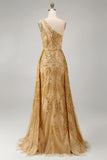 Sparkly Golden Mermaid One Shoulder Beaded Long Formal Dress with Chapel Train