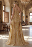 Sparkly Golden Mermaid One Shoulder Beaded Long Formal Dress with Chapel Train