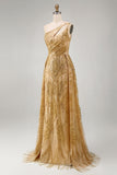 Sparkly Golden Mermaid One Shoulder Beaded Long Formal Dress with Chapel Train