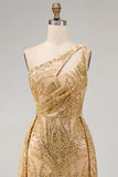 Sparkly Golden Mermaid One Shoulder Beaded Long Formal Dress with Chapel Train
