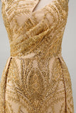 Sparkly Golden Mermaid One Shoulder Beaded Long Formal Dress with Chapel Train