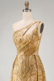 Sparkly Golden Mermaid One Shoulder Beaded Long Formal Dress with Chapel Train