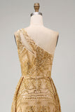 Sparkly Golden Mermaid One Shoulder Beaded Long Formal Dress with Chapel Train