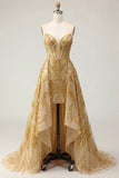 Sparkly Golden Sweetheart Bodycon Corset Beaded Mini Formal Dress with Ruffles Chapel Train