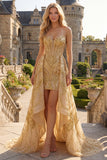 Sparkly Golden Sweetheart Bodycon Corset Beaded Mini Formal Dress with Ruffles Chapel Train