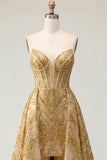Sparkly Golden Sweetheart Bodycon Corset Beaded Mini Formal Dress with Ruffles Chapel Train