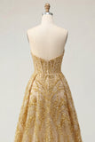 Sparkly Golden Sweetheart Bodycon Corset Beaded Mini Formal Dress with Ruffles Chapel Train