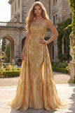 Sparkly Gold Strapless Mermaid Formal Dress with Side Drape