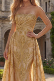 Sparkly Gold Strapless Mermaid Formal Dress with Side Drape