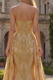 Sparkly Gold Strapless Mermaid Formal Dress with Side Drape