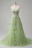 Strapless Green Floral Embroidered A-Line Tulle Formal Dress